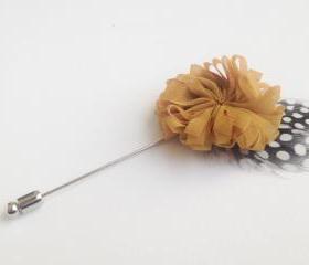 BLOSSOM Feather Mustard Yellow Flower Men's Flower Boutonniere / Buttonhole For Wedding,Lapel Pin,Tie Pin