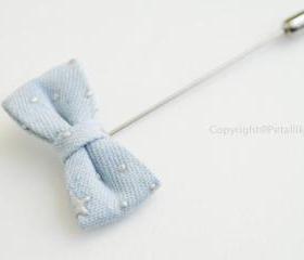 Mini Light Blue denim silver dot Bow Men's Boutonniere Lapel Pin,Tie Pin