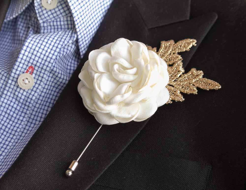Gold Leaf Satin Rose Burned Flower Mens Boutonniere